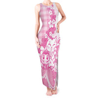 Pink Palaka Hawaiian And Japanese Tank Maxi Dress Maneki Neko And Sakura Bloom DT05 Women Pink - Polynesian Pride