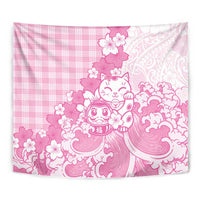 Pink Palaka Hawaiian And Japanese Tapestry Maneki Neko And Sakura Bloom DT05 - Polynesian Pride
