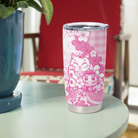 Pink Palaka Hawaiian And Japanese Tumbler Cup Maneki Neko And Sakura Bloom DT05 - Polynesian Pride
