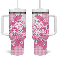Pink Palaka Hawaiian And Japanese Tumbler With Handle Maneki Neko And Sakura Bloom DT05 One Size: 40 oz Pink - Polynesian Pride
