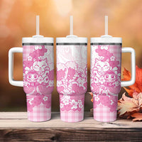 Pink Palaka Hawaiian And Japanese Tumbler With Handle Maneki Neko And Sakura Bloom DT05 - Polynesian Pride