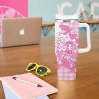 Pink Palaka Hawaiian And Japanese Tumbler With Handle Maneki Neko And Sakura Bloom DT05 - Polynesian Pride