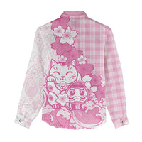 Pink Palaka Hawaiian And Japanese Women Casual Shirt Maneki Neko And Sakura Bloom DT05 - Polynesian Pride