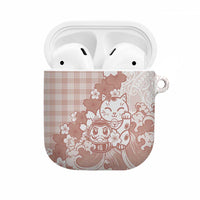 Beige Palaka Hawaiian And Japanese AirPods Case Maneki Neko And Sakura Bloom