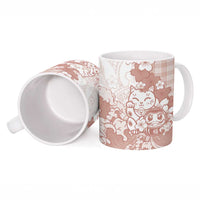 Beige Palaka Hawaiian And Japanese Ceramic Mug Maneki Neko And Sakura Bloom DT05 - Polynesian Pride
