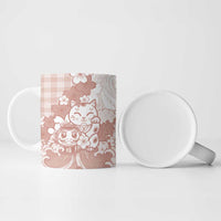 Beige Palaka Hawaiian And Japanese Ceramic Mug Maneki Neko And Sakura Bloom DT05 - Polynesian Pride