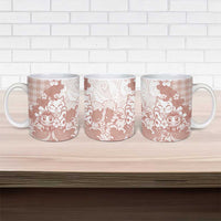 Beige Palaka Hawaiian And Japanese Ceramic Mug Maneki Neko And Sakura Bloom DT05 - Polynesian Pride