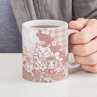 Beige Palaka Hawaiian And Japanese Ceramic Mug Maneki Neko And Sakura Bloom DT05 - Polynesian Pride