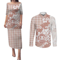 Beige Palaka Hawaiian And Japanese Couples Matching Puletasi and Long Sleeve Button Shirt Maneki Neko And Sakura Bloom DT05 Beige - Polynesian Pride