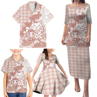 Beige Palaka Hawaiian And Japanese Family Matching Puletasi and Hawaiian Shirt Maneki Neko And Sakura Bloom