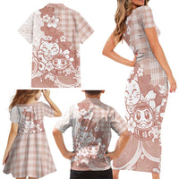 Beige Palaka Hawaiian And Japanese Family Matching Short Sleeve Bodycon Dress and Hawaiian Shirt Maneki Neko And Sakura Bloom