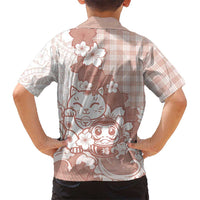 Beige Palaka Hawaiian And Japanese Family Matching Summer Maxi Dress and Hawaiian Shirt Maneki Neko And Sakura Bloom