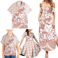 Beige Palaka Hawaiian And Japanese Family Matching Summer Maxi Dress and Hawaiian Shirt Maneki Neko And Sakura Bloom