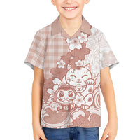 Beige Palaka Hawaiian And Japanese Family Matching Tank Maxi Dress and Hawaiian Shirt Maneki Neko And Sakura Bloom