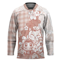Beige Palaka Hawaiian And Japanese Hockey Jersey Maneki Neko And Sakura Bloom DT05 Unisex Beige - Polynesian Pride