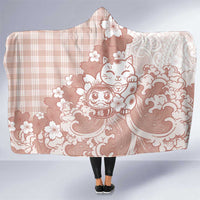 Beige Palaka Hawaiian And Japanese Hooded Blanket Maneki Neko And Sakura Bloom DT05 One Size Beige - Polynesian Pride