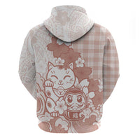 Beige Palaka Hawaiian And Japanese Hoodie Maneki Neko And Sakura Bloom DT05 - Polynesian Pride