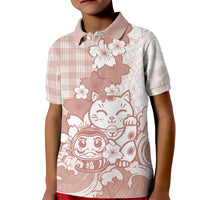 Beige Palaka Hawaiian And Japanese Kid Polo Shirt Maneki Neko And Sakura Bloom DT05 Kid Beige - Polynesian Pride