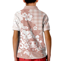 Beige Palaka Hawaiian And Japanese Kid Polo Shirt Maneki Neko And Sakura Bloom DT05 - Polynesian Pride
