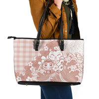 Beige Palaka Hawaiian And Japanese Leather Tote Bag Maneki Neko And Sakura Bloom DT05 - Polynesian Pride