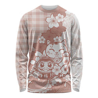 Beige Palaka Hawaiian And Japanese Long Sleeve Shirt Maneki Neko And Sakura Bloom DT05 Unisex Beige - Polynesian Pride