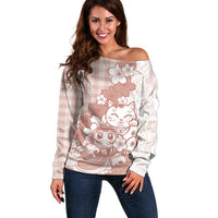 Beige Palaka Hawaiian And Japanese Off Shoulder Sweater Maneki Neko And Sakura Bloom DT05 Women Beige - Polynesian Pride