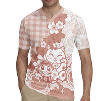 Beige Palaka Hawaiian And Japanese Rugby Jersey Maneki Neko And Sakura Bloom DT05 - Polynesian Pride