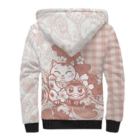 Beige Palaka Hawaiian And Japanese Sherpa Hoodie Maneki Neko And Sakura Bloom DT05 - Polynesian Pride