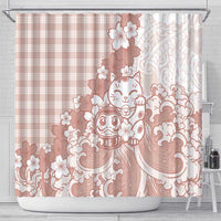 Beige Palaka Hawaiian And Japanese Shower Curtain Maneki Neko And Sakura Bloom DT05 - Polynesian Pride