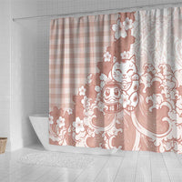 Beige Palaka Hawaiian And Japanese Shower Curtain Maneki Neko And Sakura Bloom DT05 - Polynesian Pride