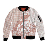 Beige Palaka Hawaiian And Japanese Sleeve Zip Bomber Jacket Maneki Neko And Sakura Bloom DT05 Unisex Beige - Polynesian Pride