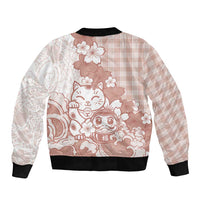 Beige Palaka Hawaiian And Japanese Sleeve Zip Bomber Jacket Maneki Neko And Sakura Bloom DT05 - Polynesian Pride