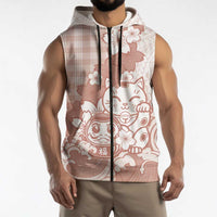 Beige Palaka Hawaiian And Japanese Sleeveless Zip Hoodie Maneki Neko And Sakura Bloom DT05 - Polynesian Pride