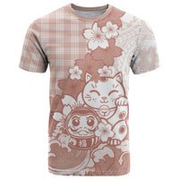 Beige Palaka Hawaiian And Japanese T Shirt Maneki Neko And Sakura Bloom DT05 Beige - Polynesian Pride