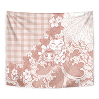 Beige Palaka Hawaiian And Japanese Tapestry Maneki Neko And Sakura Bloom DT05 - Polynesian Pride