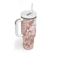 Beige Palaka Hawaiian And Japanese Tumbler With Handle Maneki Neko And Sakura Bloom DT05 - Polynesian Pride