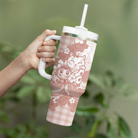 Beige Palaka Hawaiian And Japanese Tumbler With Handle Maneki Neko And Sakura Bloom DT05 - Polynesian Pride
