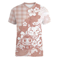 Beige Palaka Hawaiian And Japanese Women V-Neck T-Shirt Maneki Neko And Sakura Bloom