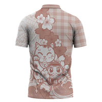 Beige Palaka Hawaiian And Japanese Zipper Polo Shirt Maneki Neko And Sakura Bloom DT05 - Polynesian Pride