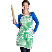 Green Palaka Hawaiian And Japanese Apron Maneki Neko And Sakura Bloom DT05 - Polynesian Pride