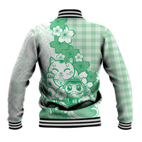 Green Palaka Hawaiian And Japanese Baseball Jacket Maneki Neko And Sakura Bloom DT05 - Polynesian Pride