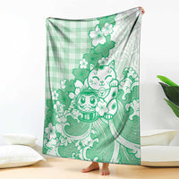 Green Palaka Hawaiian And Japanese Blanket Maneki Neko And Sakura Bloom DT05 - Polynesian Pride