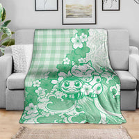 Green Palaka Hawaiian And Japanese Blanket Maneki Neko And Sakura Bloom DT05 - Polynesian Pride