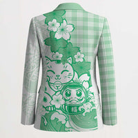 Green Palaka Hawaiian And Japanese Blazer Maneki Neko And Sakura Bloom DT05 - Polynesian Pride