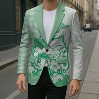 Green Palaka Hawaiian And Japanese Blazer Maneki Neko And Sakura Bloom DT05 - Polynesian Pride