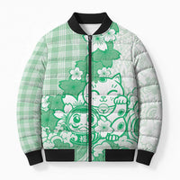 Green Palaka Hawaiian And Japanese Bomber Puffer Jacket Maneki Neko And Sakura Bloom DT05 Unisex Green - Polynesian Pride