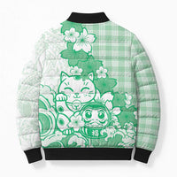 Green Palaka Hawaiian And Japanese Bomber Puffer Jacket Maneki Neko And Sakura Bloom DT05 - Polynesian Pride