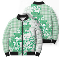 Green Palaka Hawaiian And Japanese Bomber Puffer Jacket Maneki Neko And Sakura Bloom DT05 - Polynesian Pride