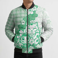 Green Palaka Hawaiian And Japanese Bomber Puffer Jacket Maneki Neko And Sakura Bloom DT05 - Polynesian Pride