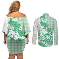 Green Palaka Hawaiian And Japanese Couples Matching Off Shoulder Short Dress and Long Sleeve Button Shirt Maneki Neko And Sakura Bloom
